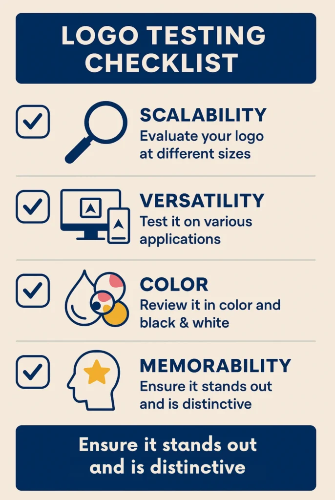 Checklist infographic showing essential tests to evaluate your logo design before finalizing