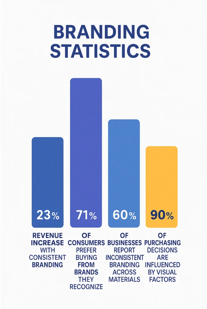 Business branding guidelines impact statistics showing 23% revenue increase and other key performance indicators