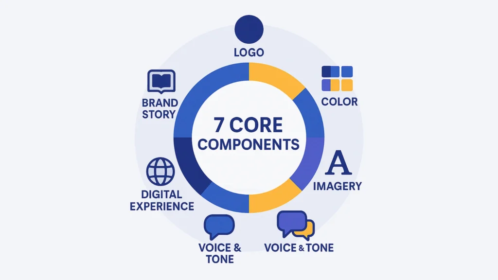 7 essential components of business branding guidelines infographic showing logo, color, typography, imagery, voice, digital experience, and brand story elements