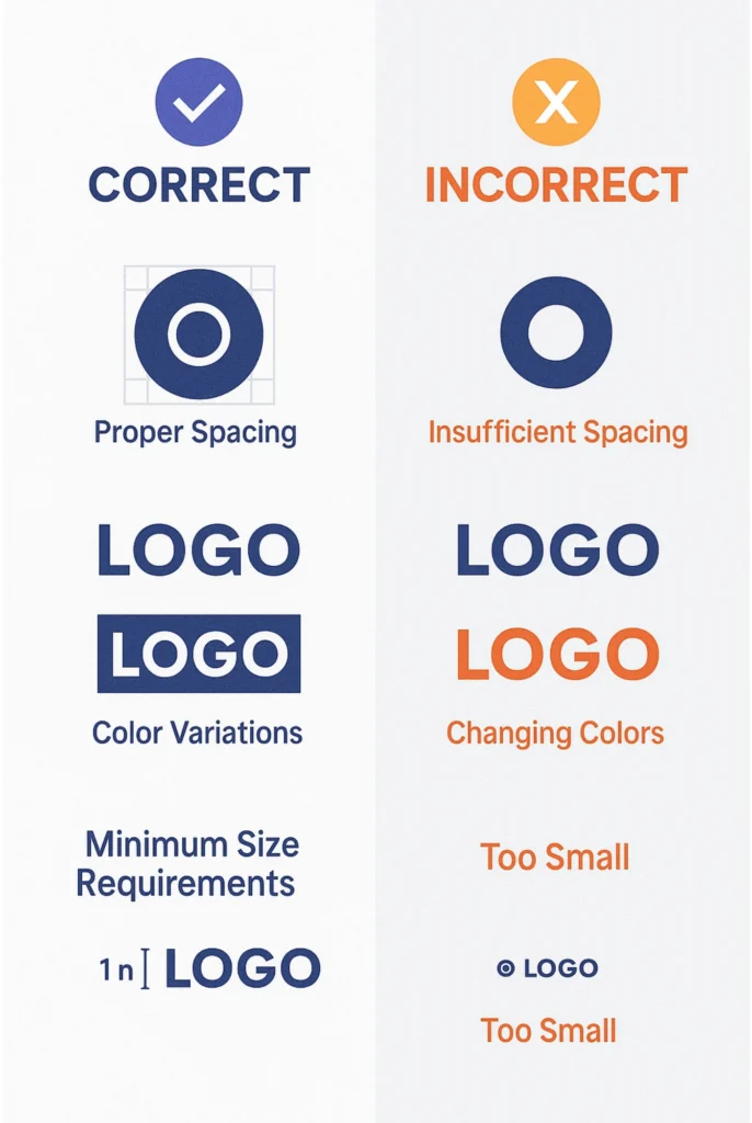 Correct and incorrect logo usage examples for business branding guidelines showing spacing, colors, and sizing specifications